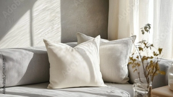 Fototapeta Beige and Gray Patterned Pillows on a Sofa in Sunlit Room