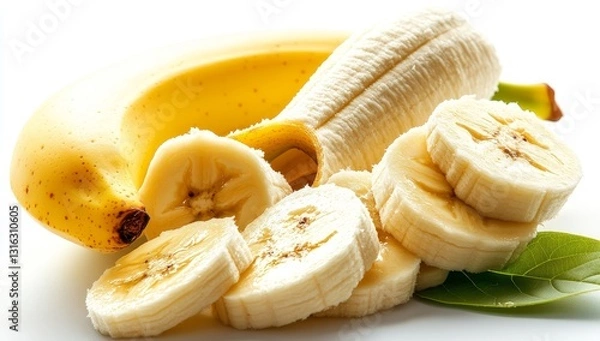 Fototapeta On a white background, a banana and its slices, cut with leaves, are isolated
