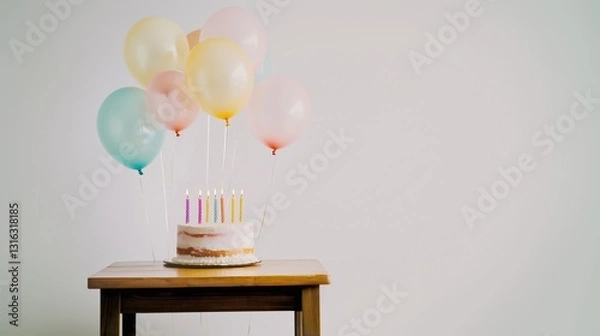 Obraz Birthday cake with pastel balloons on wooden table. Celebration setup with candles and soft colors. Festive decor with pale pink and yellow hues. Minimalist party scene with light background