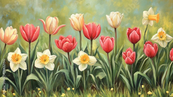 Obraz Vibrant spring flowers in a lush garden