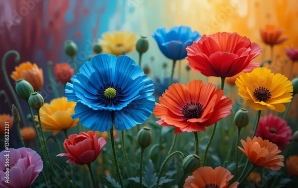 Fototapeta A painting of vibrant poppies with a colorful background
