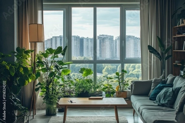 Fototapeta Elegant apartment showcasing a harmonious blend of modern design and lush greenery for a serene living experience.