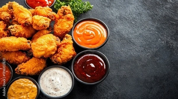 Fototapeta Mouthwatering fried chicken wings with assorted dipping sauces on dark background captures delicious cuisine