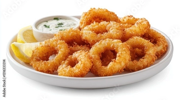 Fototapeta A plate of golden-hued fried calamari, rings glistening in the light, adorned with lemon wedges and aioli dipping sauce, a culinary masterpiece served against a pristine white backdrop.