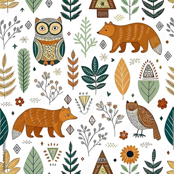 Fototapeta Autumn woodland animals seamless pattern design with owls and foxes art cute boho folk birds style