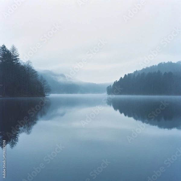 Fototapeta A fog-covered lake surface with mirror-like reflections