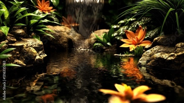 Obraz Serene Waterfall in Lush Tropical Setting