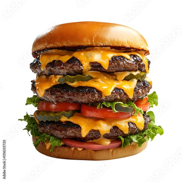 Obraz Double Smashed Burger Stack Cheeseburger Isolated on Transparent Background