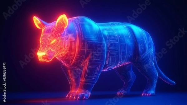 Fototapeta Futuristic digital art depiction of a feline animal with glowing circuit lines