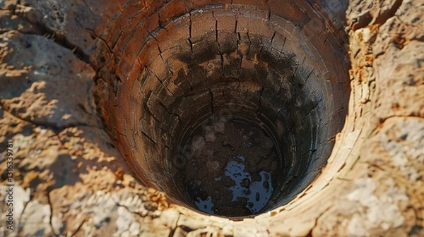 Fototapeta An image of an empty water well, showing the dry bottom and worn sides.
