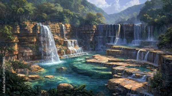 Obraz Serene Waterfall Landscape with Lush Green Foliage