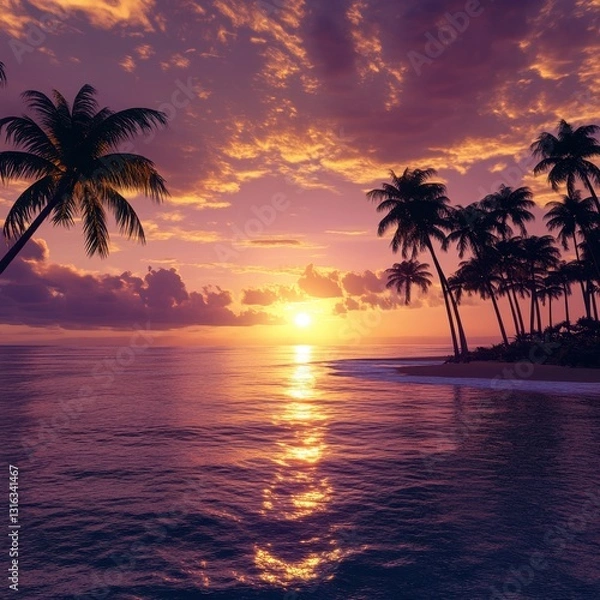 Fototapeta A breathtaking aerial view captures a serene beach lined with swaying palm trees, as the sun sets on the horizon, painting the sky in vibrant hues of orange, pink, and purple.
