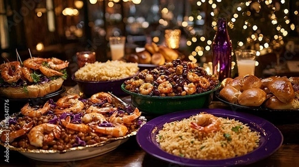 Fototapeta Colorful Seafood Feast with Shrimp, Rice, and Delicious Sides