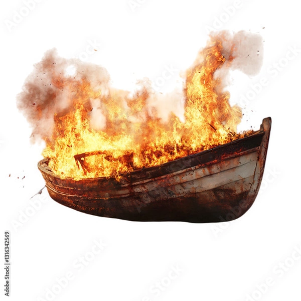 Fototapeta A Boat on Fire Isolated on Transparent Background