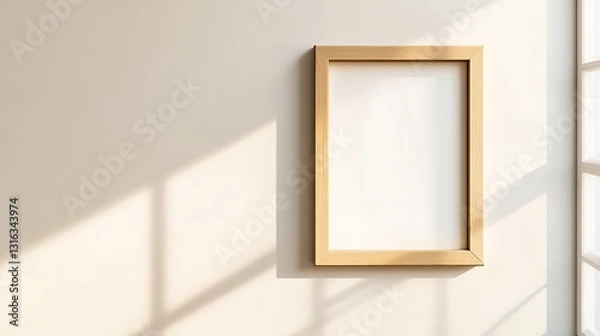 Fototapeta Minimalist wood frame surrounding empty white space, hanging on neutral background