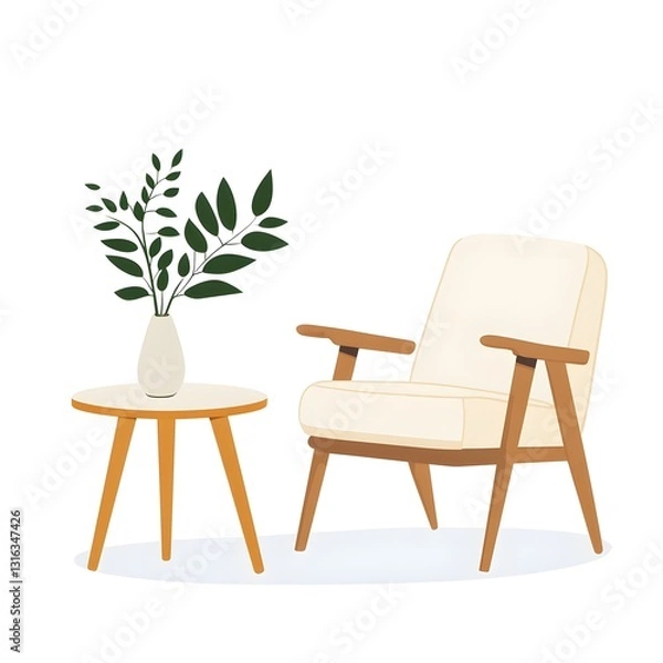 Fototapeta Stylish Mid Century Modern Armchair and Round Coffee Table with Greenery Decor
