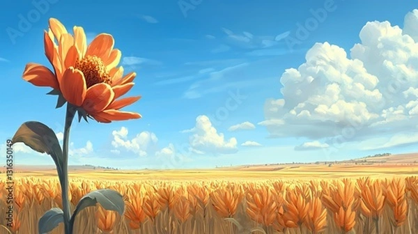 Obraz Single Orange Sunflower in a Golden Wheat Field Under a Sunny Sky