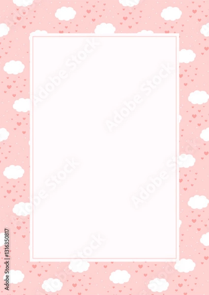 Obraz Cute cloud and hearts rain pattern design frame template background.