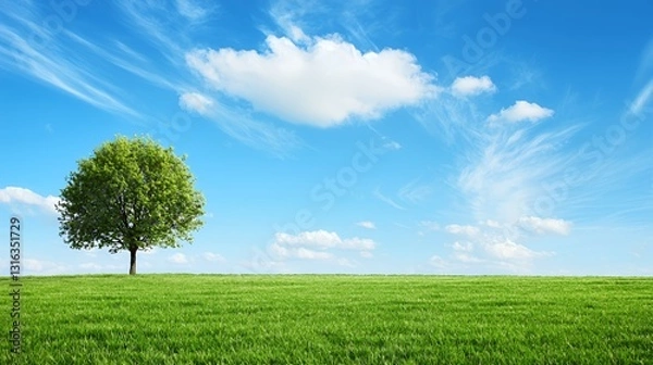 Obraz Single Tree in a Green Field Under a Blue Sky