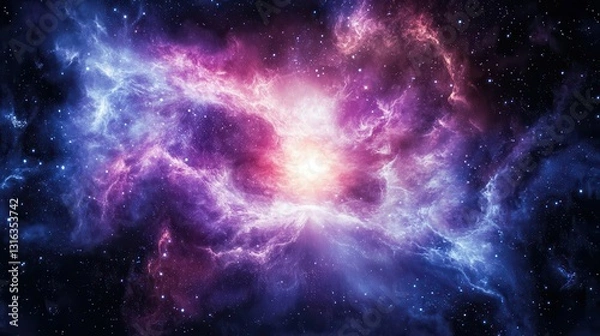 Fototapeta A breathtaking image of a star-filled night sky, showcasing countless twinkling stars against a deep, dark backdrop. A vibrant, bright purple star stands out, illuminating the scene.