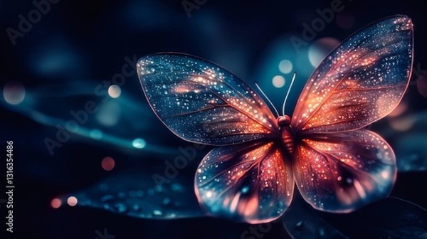 Fototapeta Enchanting butterfly with translucent wings and glittering cosmic dust effect