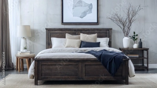 Fototapeta Generative AI, Modern Minimalist Bedroom with Wooden Bed Frame and Neutral Tones