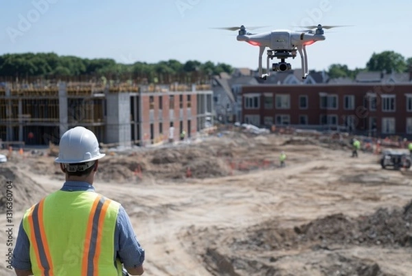 Fototapeta A drone engineer skillfully pilots a drone above an active construction site, recording detailed aerial views of the building progress under clear daylight conditions