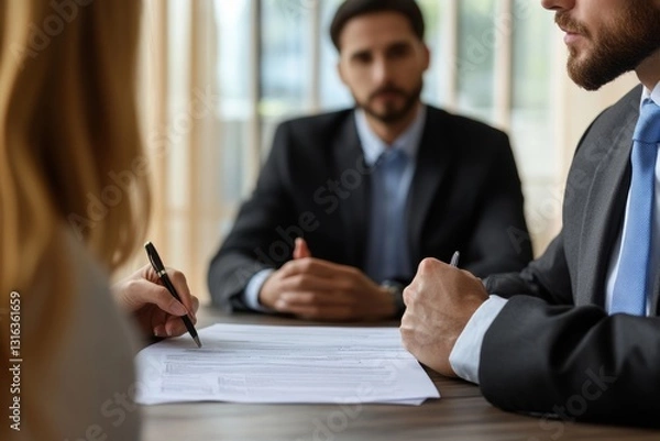Fototapeta A family lawyer calmly explains divorce paperwork to a client in a private meeting. The atmosphere reflects empathy and professionalism, ensuring clarity for the client