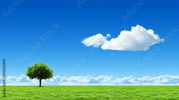 Obraz Single Tree in Green Field under a Vivid Blue Sky with Fluffy White Clouds