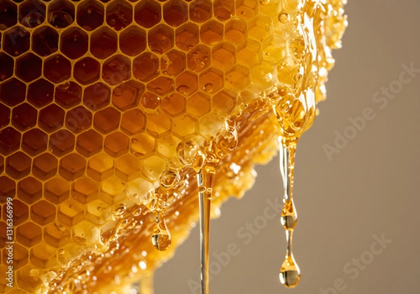 Fototapeta A close-up of a honeycomb dripping with golden honey.