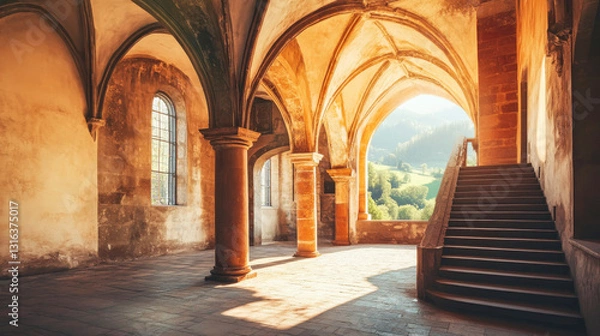 Obraz A classical architectural style featuring an arched colonnade with a series of stone columns and arches in an old European castle or monastery