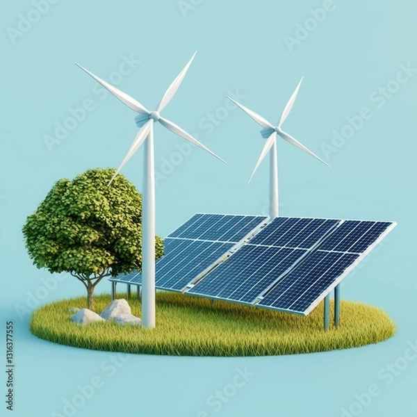 Fototapeta Sustainability and power, modern 3D renewable energy icon.