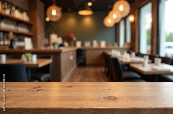 Fototapeta Image of a wooden table in front of an abstract blurry background of a restaurant