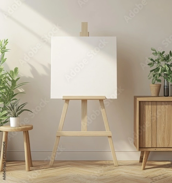 Obraz A minimalist art studio featuring an empty canvas on an easel with potted plants and a wooden cabinet in a bright, serene space.