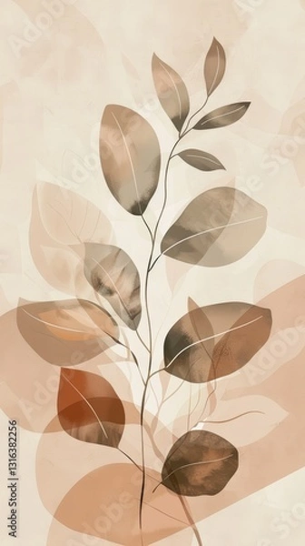 Fototapeta Simple Minimalist Illustration of Leafs and Ink in Dark Beige Background with Clean Lines and Subtle Details