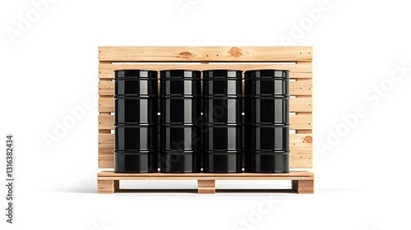 Fototapeta 3D Render: Black Barrels Securely Packed on Wooden Pallet AI Generated