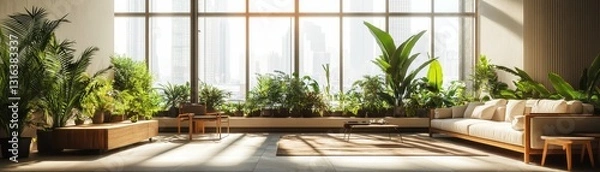 Fototapeta Spacious open concept living area adorned with lush, vibrant plants for a refreshing natural ambiance.