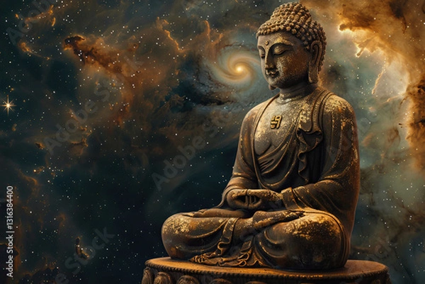 Fototapeta Ancient statue great Buddha on bright holiday composition, abstract vivid composition consists of fictional unreal fantastic vision on background