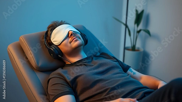 Obraz Patient relaxing in a comfortable chair, wearing headphones and an eye mask, during a ketamine therapy session