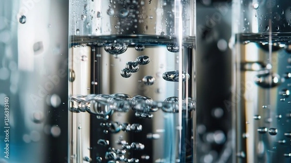 Fototapeta A close-up of a water filtration system, with clear and dirty water sections, set against a solid background.