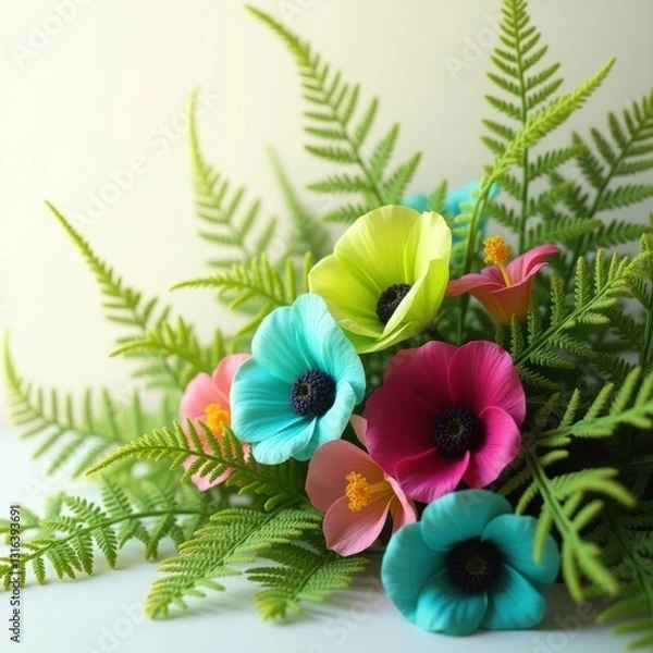 Obraz Bird of Paradise Flower with Fern Leaves – Tropical Botanical Art