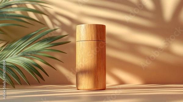 Fototapeta wooden skincare bottle stands elegantly against warm background, with palm leaf shadows creating natural and eco friendly ambiance