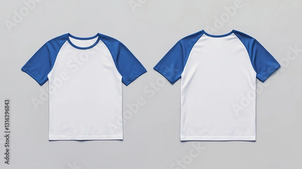 Fototapeta A white and blue short-sleeve raglan t-shirt is displayed from the front and back and a flat lay concept is used as a mockup design template