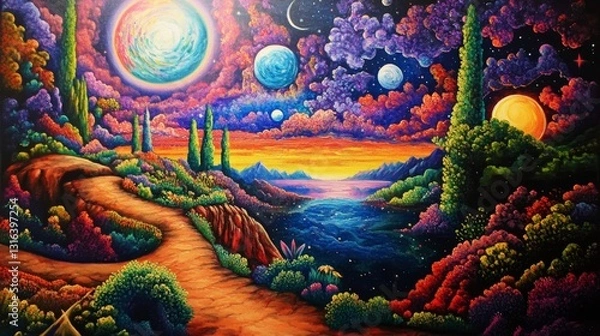 Fototapeta Acrylic Painting of Enchanted Landscape with Celestial Bodies and Vibrant Flora 