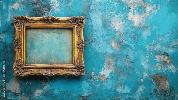 Obraz A faded vintage photo frame, its golden edges adorned with intricate carvings, rests against a serene blue backdrop, whispering tales of bygone eras and cherished memories.
