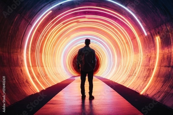 Fototapeta Man in Neon Tunnel: A lone figure stands in the center of a vibrant, circular neon tunnel, bathed in a kaleidoscope of colorful lights. The image evokes a sense of mystery, possibility.
