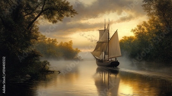 Fototapeta A vintage sailing ship navigates a misty river at sunrise with reflections and trees