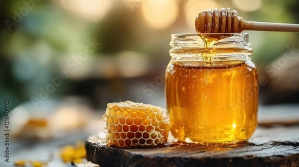 Obraz A glass jar brimming with golden, liquid honey, a dipper resting beside it, and a honeycomb nestled within, creating a natural, organic food background.