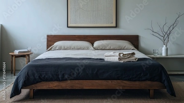 Obraz Generative AI, Modern Minimalist Bedroom with Wooden Bed Frame and Neutral Tones
