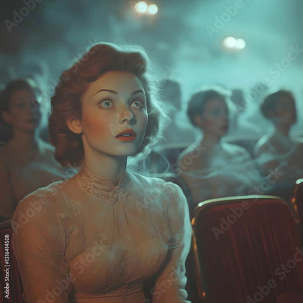 Fototapeta A hyper-realistic vintage 1950s movie theater filled with ghostly, translucent patrons, all sitting unnaturally still. The theater has a dark, nostalgic elegance—red velvet seats 